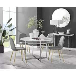 Image of Furniturebox Adley White High Gloss 120cm Storage Dining Table & 4 Grey Corona Faux Leather Dining Chairs with Gold Legs Diamond Stitch