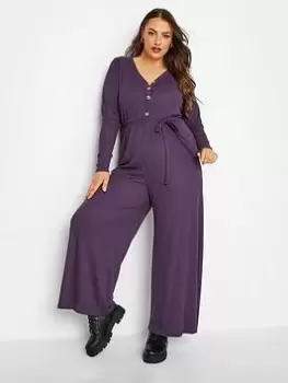 Image of Yours Rib Wide Leg Jumpsuit Dark Purple, Purple, Size 30-32, Women