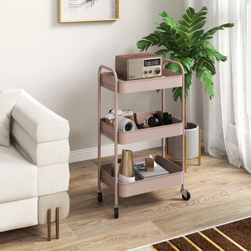 Image of HOMCOM HOMCOM 3 Tier Rolling Utility Cart with 3 Mesh Basket, Pink 5061025031092