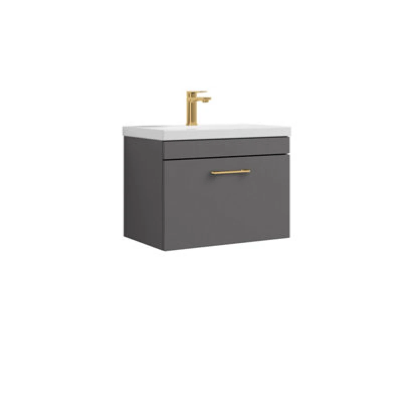 Image of Balterley 1 Drawer Wall Hung Vanity Basin Unit Grey Brushed Brass Handle 600mm Grey