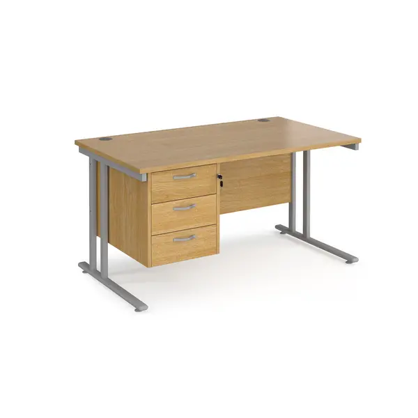 image of Maestro 25 Oak Straight Desk with 3 Drawer Pedestal and Silver Cantilever Leg Frame - 1400mm x 800mm