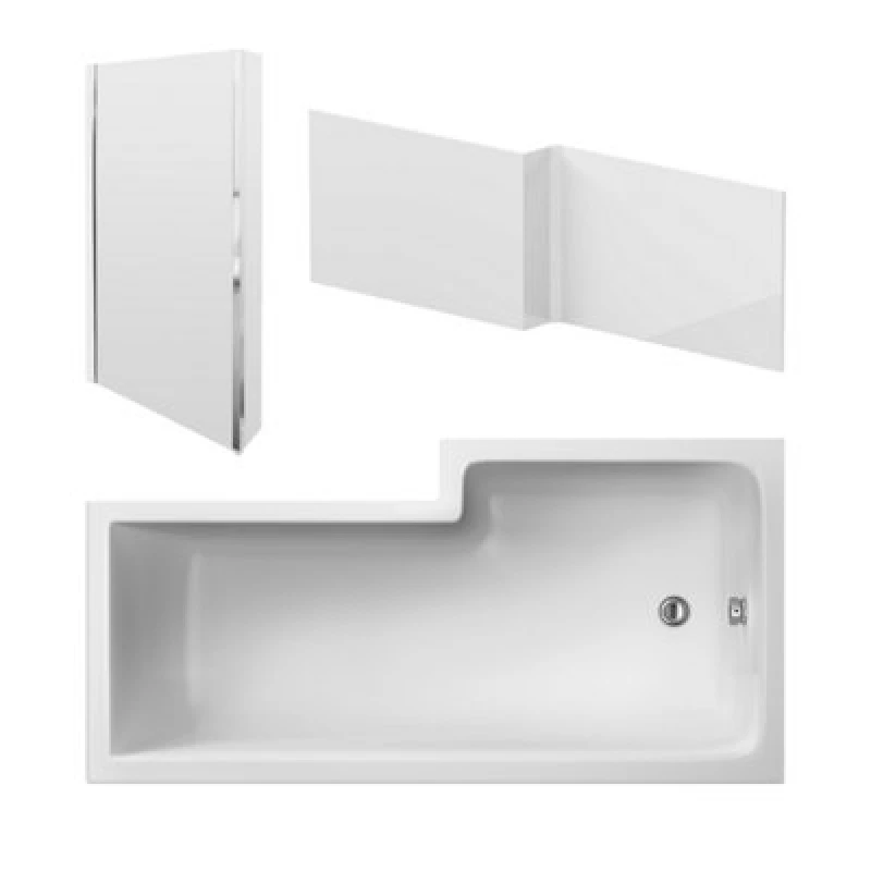 Image of Nuie Left Hand Square Shower Bath Set, Modern Bathtub With Screen & Side Panel, Deep Soaking Bathtub With Legs In White, 1600mm