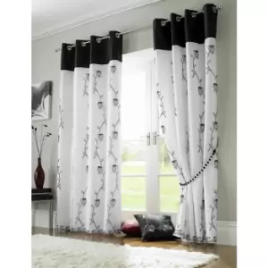 Image of Tahiti Eyelet Curtains Embroidered Lined Voile Black/White 56x90 - White