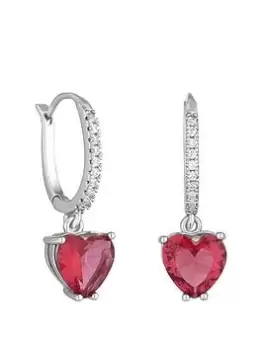 image of Jon Richard Rhodium Plated Red Heart Charm Hoop Earrings, Silver, Women