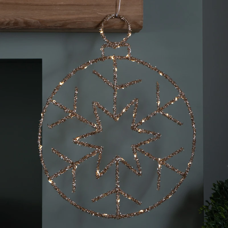 Image of 49cm Battery Powered Light up Gold Christmas Snowflake Ball with Warm White Twinkling LEDs