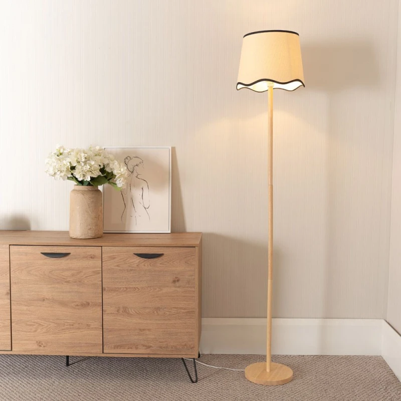 Image of ValueLights Heather Light Wood Single Stem Floor Lamp with Scallop Edge Tapered Lamp Shade Black