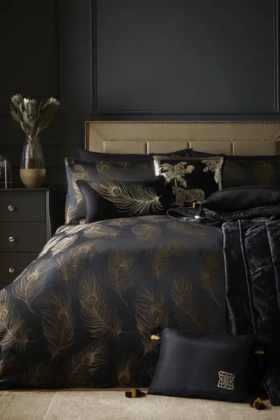 image of Laurence Llewelyn-Bowen 'Dandy' Decadent Metallic Feather Design Duvet Cover Set Black