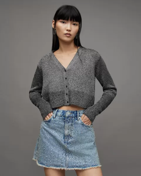 image of AllSaints Lyra Cropped Glitter Knitted Cardigan