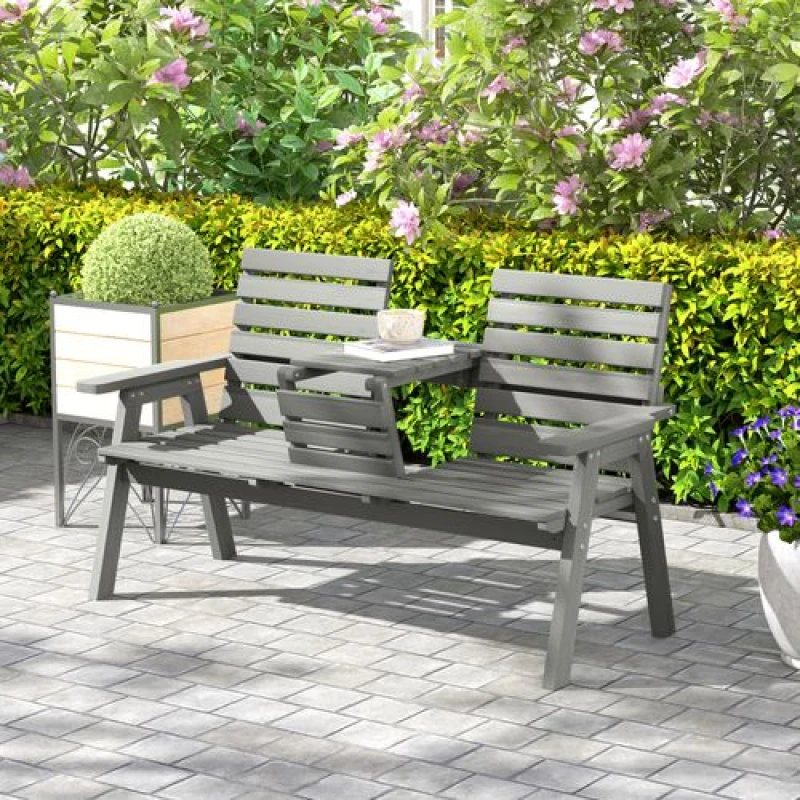 Image of Outsunny Convertable 3-Seater Wood Bench Table Garden w/ Armrests Grey Grey