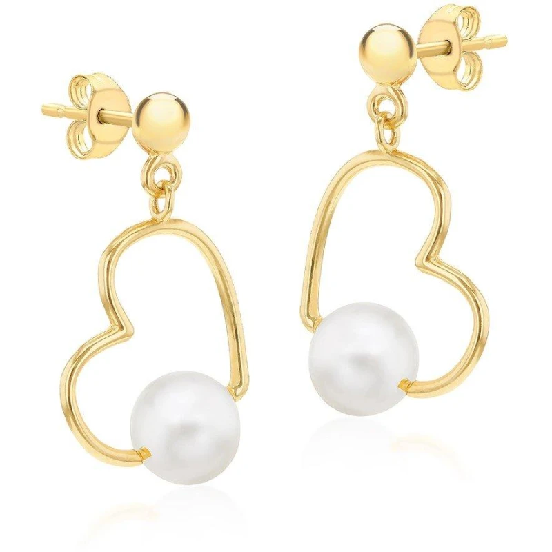 Image of Be You 9ct Gold Freshwater Pearl Heart Drop Earring Yellow Gold female One Size