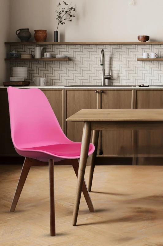 Image of Fusion Living Soho Plastic Dining Chair with Squared Dark Wood Legs Bright Pink