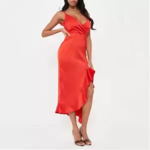 image of Missguided Ruffle Hem Satin Midaxi Dress - Red