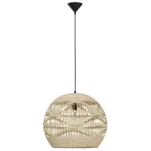 Image of Merano - Land 48.5cm Dome Pendant Ceiling Light Natural Rattan Black Fabric Wire, Base LED E27