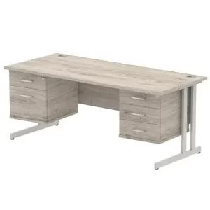 image of Impulse 1800 Rectangle Silver Cant Leg Desk Grey Oak 1 x 2 Drawer 1 x