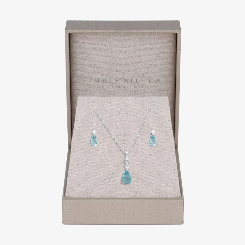 Image of Simply Silver Sterling Silver 925 Cubic Zirconia and Aqua drop set- Gift Boxed Silver