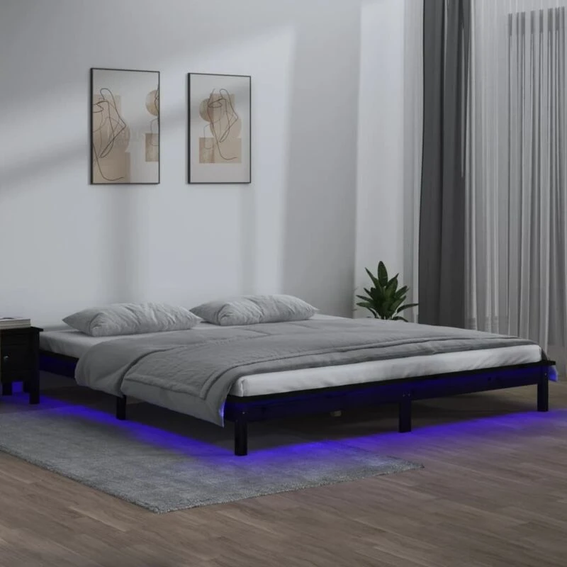Image of vidaXL LED Bed Frame Black 200x200cm Solid Wood, Black 820630