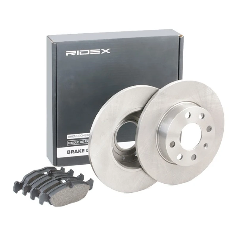 Image of RIDEX 3405B0155 Brake disc and pads set Front Axle, Brake Disc Type: Solid, excl. wear warning contact Brake Set,disc brakes (3405)