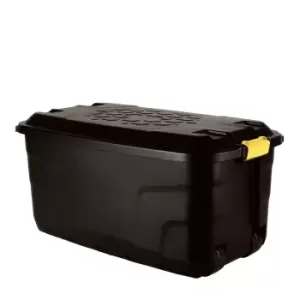 image of 145L Heavy Duty Trunk on Wheels Sturdy, Lockable, Stackable and Nestable Design Storage Chest with Clips in Black