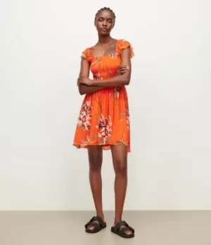 Image of AllSaints Womens Womens Viscose Floral Regular Fit Malika Dorada Mini Dress, Orange, Red and White, Size: 12, Orange/Red/White