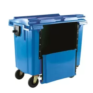Image of 660L Blue Wheelie Bin With Drop Down Front - 1200 x 1350 x 750mm