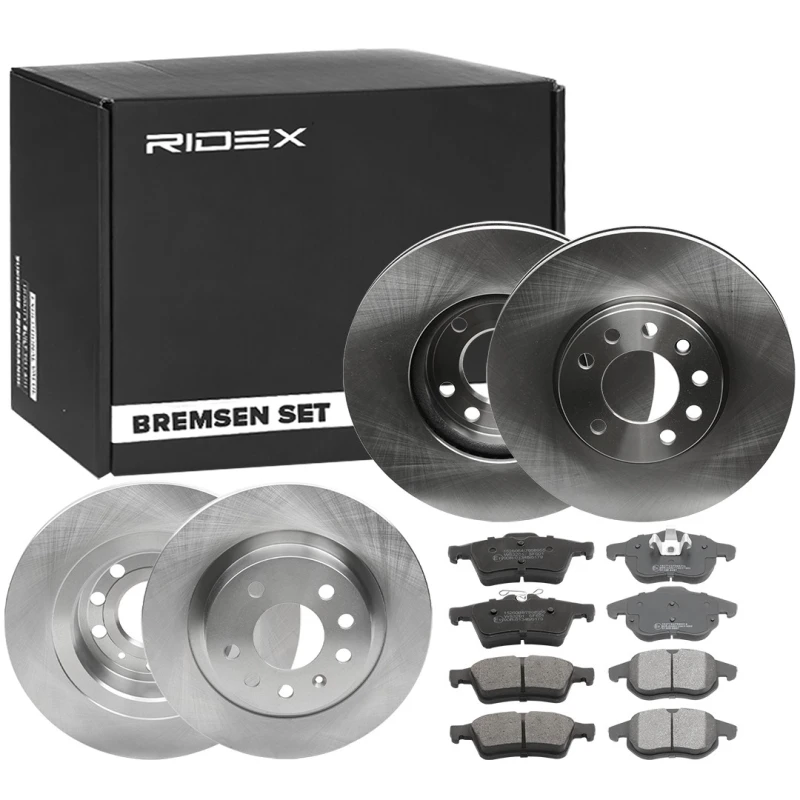 Image of RIDEX 3405B0345 Brake disc and pads set Front Axle, Brake Disc Type: internally vented Brake Set,disc brakes (3405)