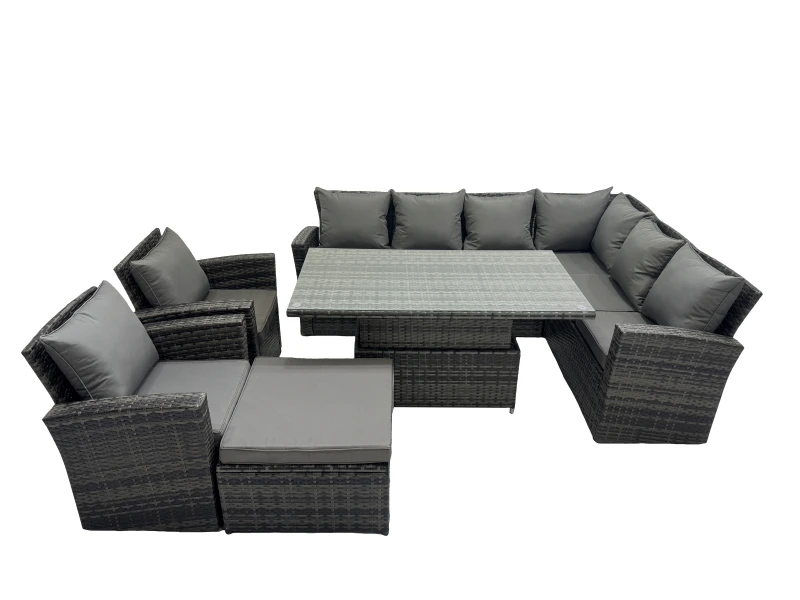 Image of Fimous 9 Seat Rattan Garden Furniture Corner Sofa Set with Big Footstool in Dark Grey Dark Grey Unisex