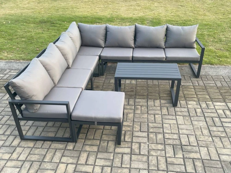 Image of Fimous Aluminium Patio Outdoor Garden Furniture Lounge Corner Sofa Set with Oblong Coffee Table Big Footstool Dark Grey Dark Grey Unisex