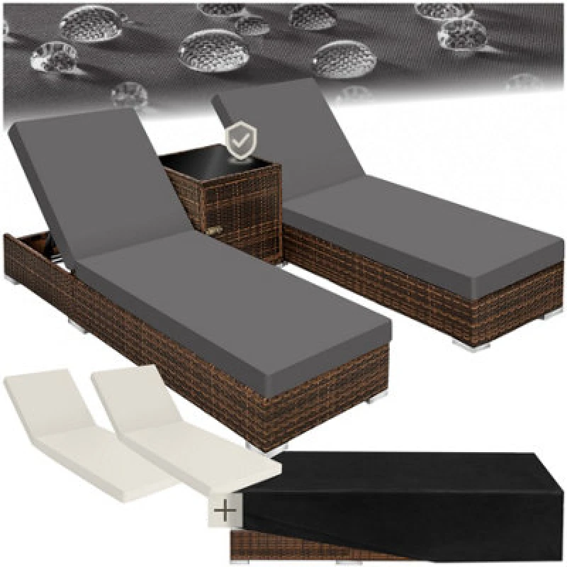 Image of Tectake Sun Lounger Set Of 2 Loungers And 1 Side Table With Cushions, Covers And Rain Cover - Brown