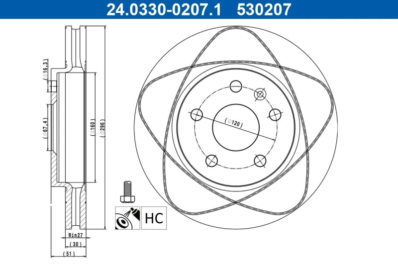 Image of ATE 24.0330-0207.1 Brake disc Vented, Coated, Alloyed/High-carbon, with bolts/screws Brake Disc (82)