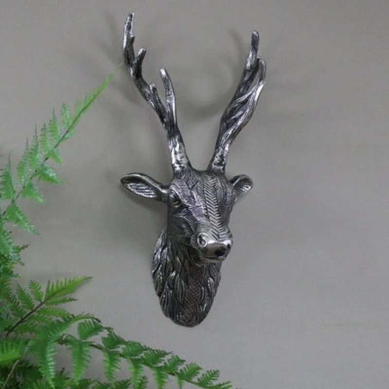 Image of Melody Maison Silver Metal Wall Mounted Stag Head Metallic Silver