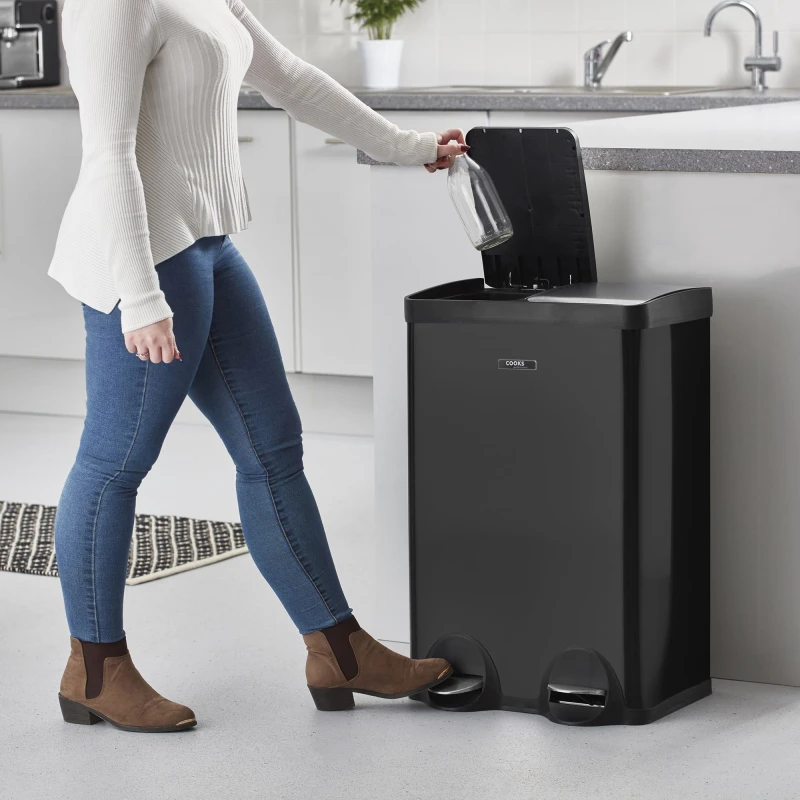Image of Cooks Professional Dual Pedal Bin 60L with 2 x Compartments & Soft Close Lids in Black Unisex