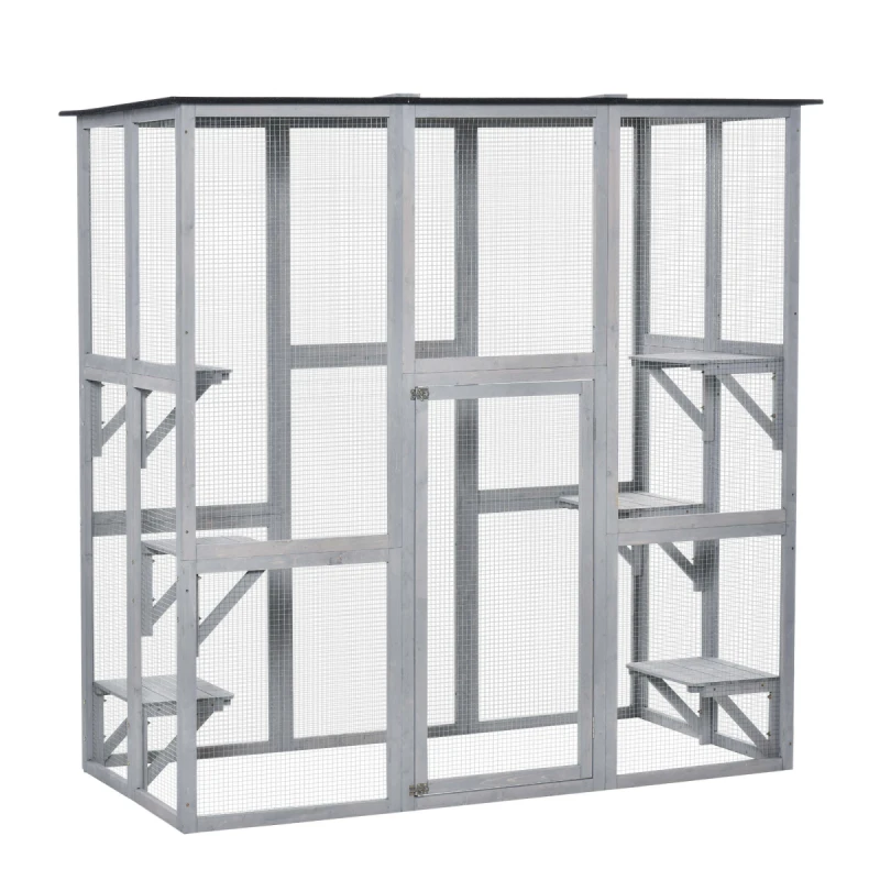 Image of PawHut PawHut Wooden Cat House with Platforms, Cat Cage for Multiple Kittens