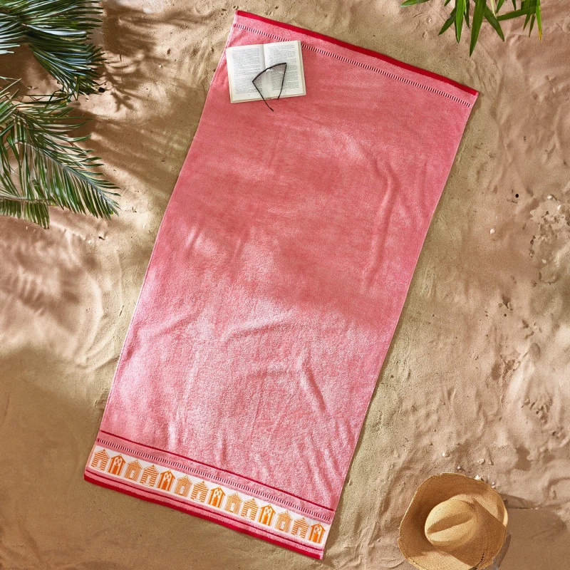 Image of Catherine Lansfield 'Beach Huts' Cotton Extra Large Beach Towel Coral