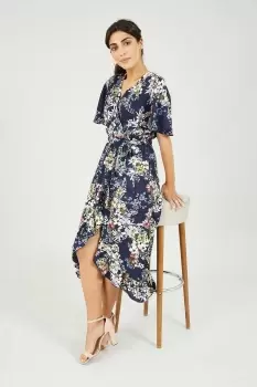 Navy Wrap Effect Floral Midi Dress