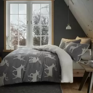 image of Stag Sherpa Cosy So Soft Fleece Jacquard Duvet Cover Set, Grey, King - Catherine Lansfield