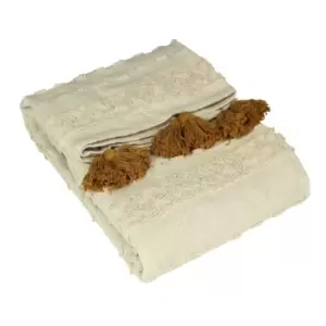 Image of Furn. Boho Throw Contrast Tassel Trim And Tufted Cotton Design Cotton Ochre