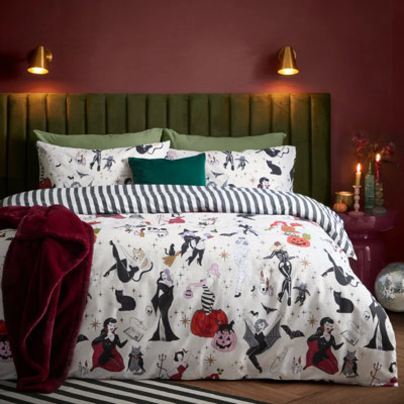 Image of furn. Furn Trick Or Treat Reversible Halloween Duvet Cover Set, Monochrome, Super King