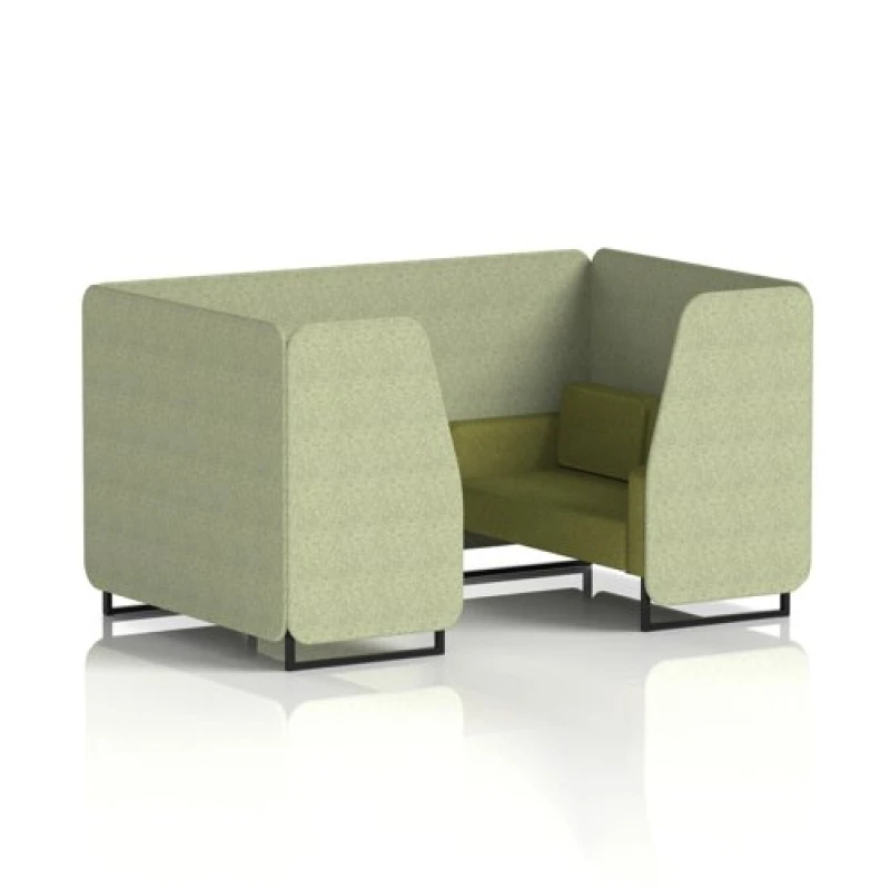 Image of Brixworth 4 Seater Office Booth with Front Panel - Black Legs in Rivet Fabric - Burnish Panels and Olive Sofa