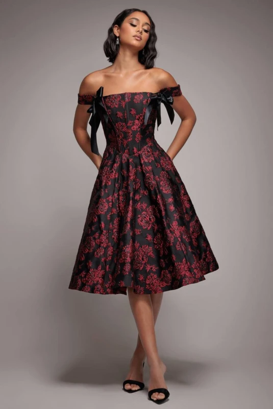 Image of Goddiva Womens Jacquard Multiway Bow Strap Skater Midi Dress in Black Size: 16 Black Female 16