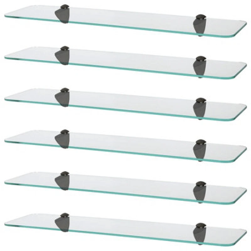 Image of Harbour Housewares 6X Rounded Floating Glass Shelves - 60Cm - Black Brackets - Bathroom Shower Storage Vanity Display Unit Shelf