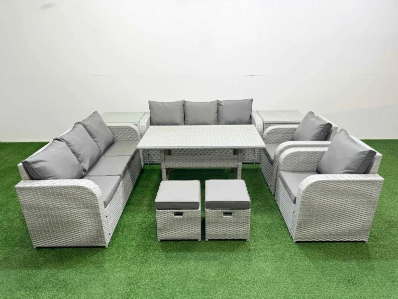 Image of Fimous PE Rattan High Back Lounge Sofa Set Patio Rectangular Dining Table & Chairs Set with 3 Seater Sofa Reclining Chair Stools 2 Side Table Light Gr