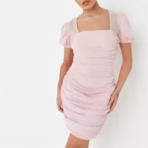 image of Missguided Dobby Mesh Ruched Mini Dress - Pink