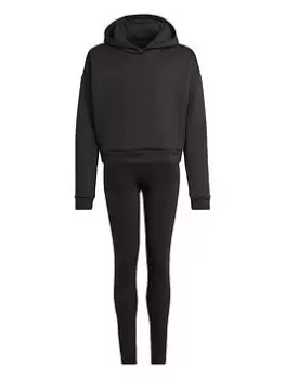 Image of Boys, adidas Junior Girls Badge Of Sport Overhead Hoody And Tight Set - Black, Size 14-15 Years