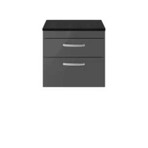 image of Nuie Athena 600 Wall Hung 2-drawer Vanity & Sparkling Black Worktop - Gloss Grey