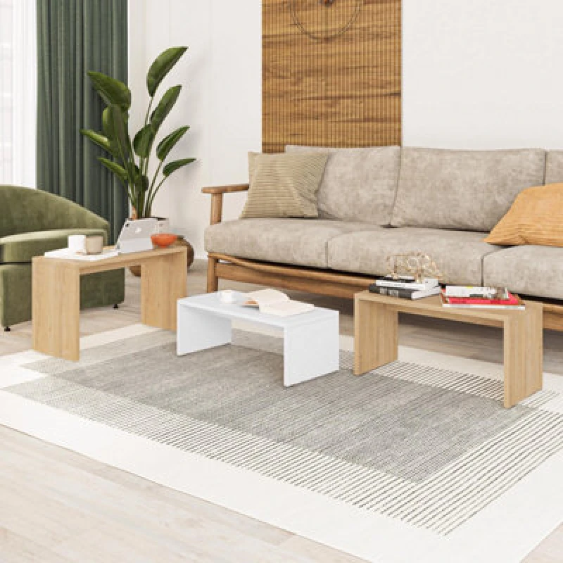 Image of FWStyle Nest Of 3 Tables Natural Oak & White Scratch Resistant Living Room Brown