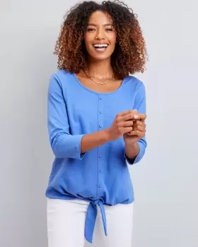 Image of Cotton Traders Womens ¾ Sleeve Tie-Waist Textured Jersey Top in Blue