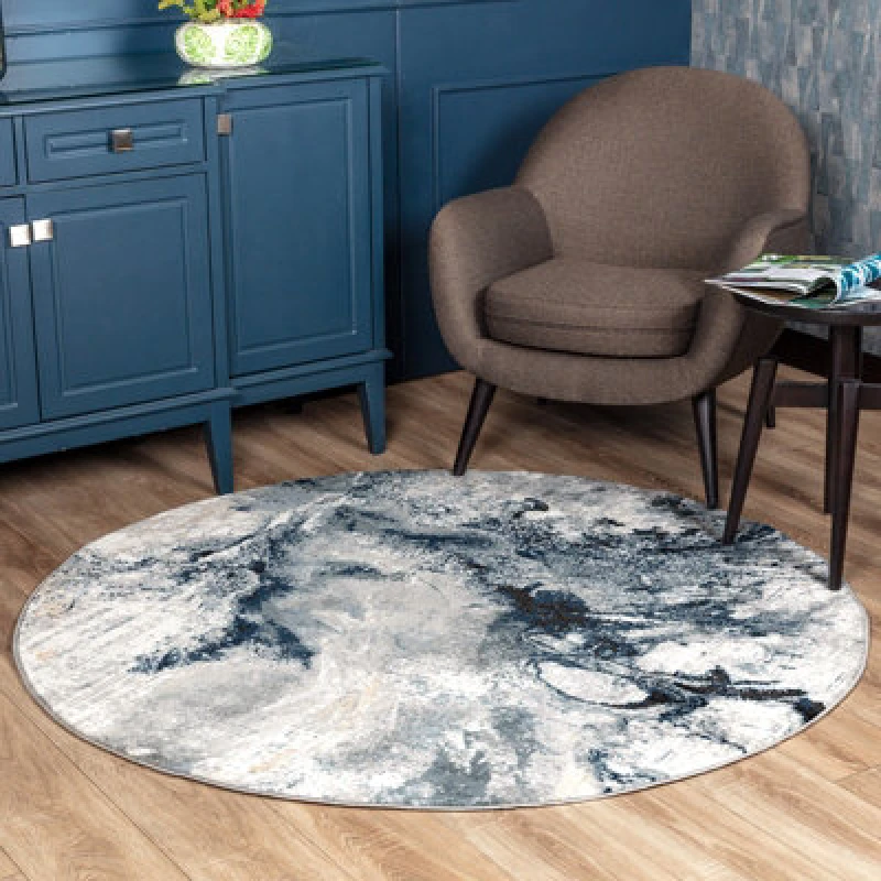 Image of Livabliss Round Abstract Modern Marble Dark Blue Emma Area Rug 160 X 160 Cm - Easy Care, Non Shedding, Ideal For Living Room & Bedroom