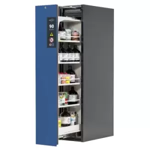 image of asecos Type 90 fire resistant vertical pull-out cabinet, 1 drawer, 4 tray shelves, grey/blue