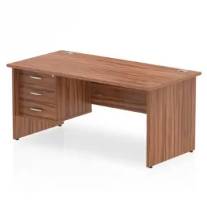 Image of Impulse 1600 Rectangle Panel End Leg Desk WALNUT 1 x 3 Drawer Fixed Ped