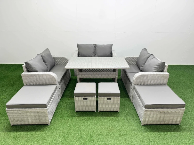 Image of Fimous 10 Seater Outdoor Garden Furniture Set With Dining Table Love Sofa 2 Big Footstools 2 Small Stool Light Grey